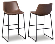 Ashley Furniture Centiar pub height bar stool with wooden seat and metal frame, shown in a modern pub setting.
