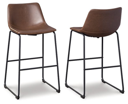 Ashley Furniture Centiar pub height bar stool with wooden seat and metal frame, shown in a modern pub setting.