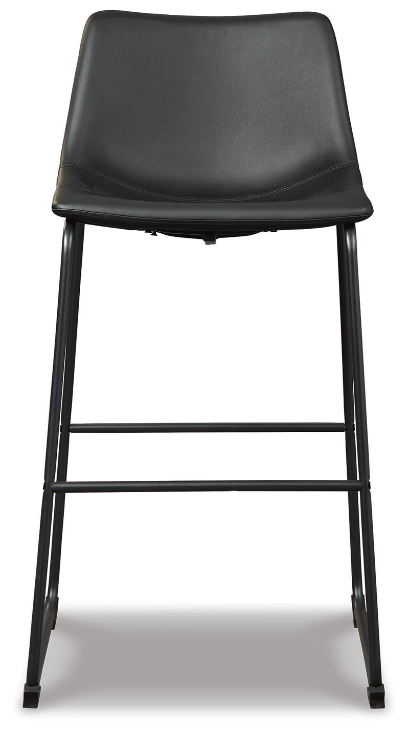Ashley Furniture Centiar pub height bar stool with a sleek design and wooden legs, shown from the front.
