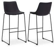 Ashley Furniture Centiar pub height bar stool with wood finish and upholstered seat, shown in a modern kitchen setting.