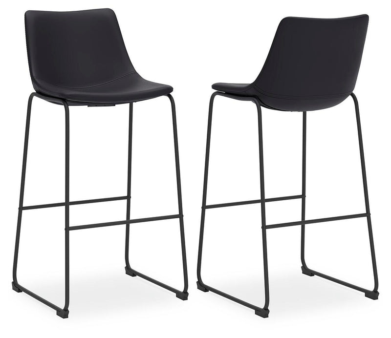 Ashley Furniture Centiar pub height bar stool with wood finish and upholstered seat, shown in a modern kitchen setting.