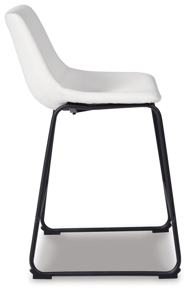 Ashley Furniture Centiar counter height bar stool with a wooden frame and cushioned seat, shown from a side view.