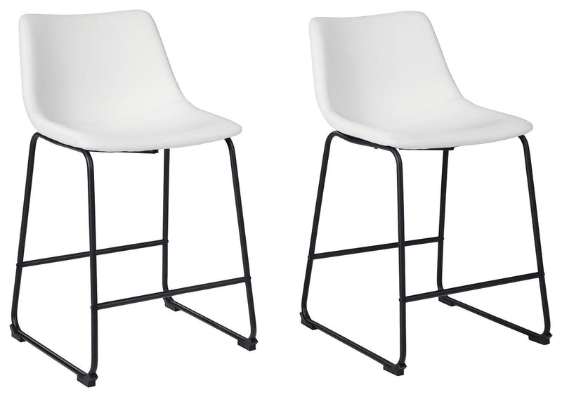 Ashley Furniture Centiar counter height bar stool with wooden legs and a cushioned seat, shown from a side angle.