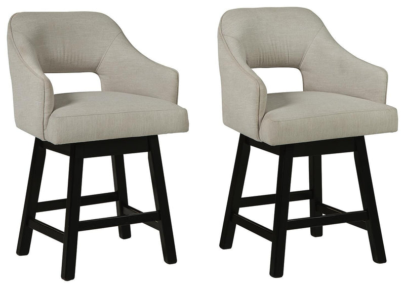 Ashley Furniture Tallenger barstool set with tall wooden legs and cushioned seats, ideal for modern kitchen or bar area.