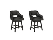 Ashley Furniture Tallenger barstool set with four wooden stools featuring cushioned seats and backrests, ideal for kitchen or bar area.