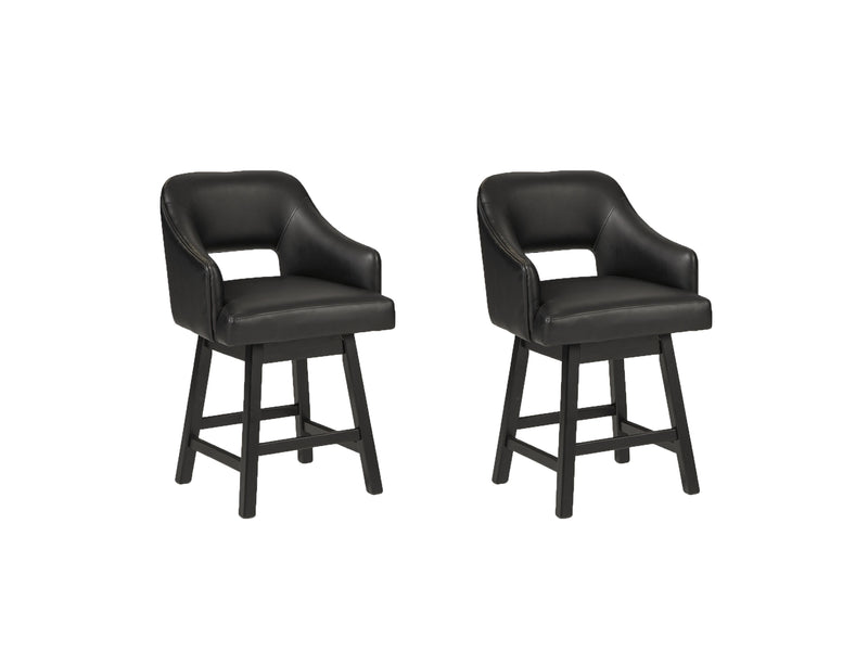 Ashley Furniture Tallenger barstool set with four wooden stools featuring cushioned seats and backrests, ideal for kitchen or bar area.