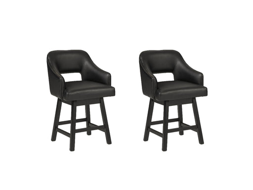 Ashley Furniture Tallenger barstool set with four wooden stools featuring cushioned seats and backrests, ideal for kitchen or bar area.