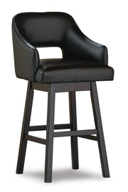 Ashley Furniture Tallenger barstool set featuring four stylish, high-back wooden stools with metal footrests and beige upholstered seats.