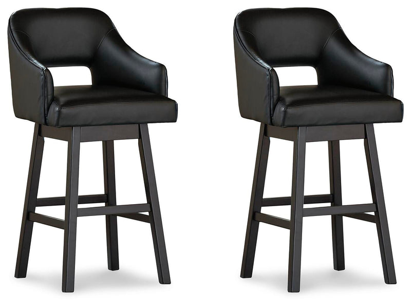Set of Ashley Furniture Tallenger Barstools with wooden legs and upholstered seats, ideal for kitchen or bar area.