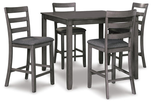 Ashley Furniture Bridson counter height dining table with four matching bar stools, shown from an angled side view.