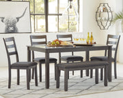 Ashley Furniture Bridson dining table with matching chairs and bench, set of six, showcasing a modern wooden dining room setup.