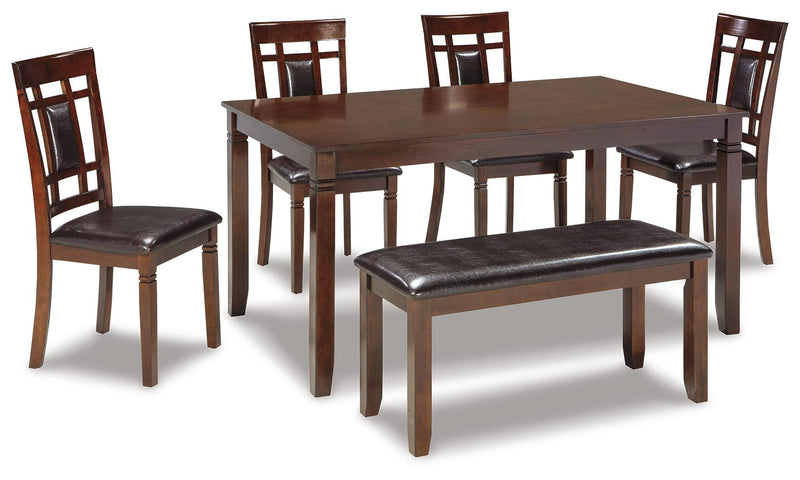 Ashley Furniture Bennox dining table with matching chairs and bench set, showcasing a stylish wood dining room furniture set.
