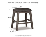 Set of four Ashley Furniture Caitbrook counter height barstools with wooden legs and upholstered seats, ideal for dining areas.
