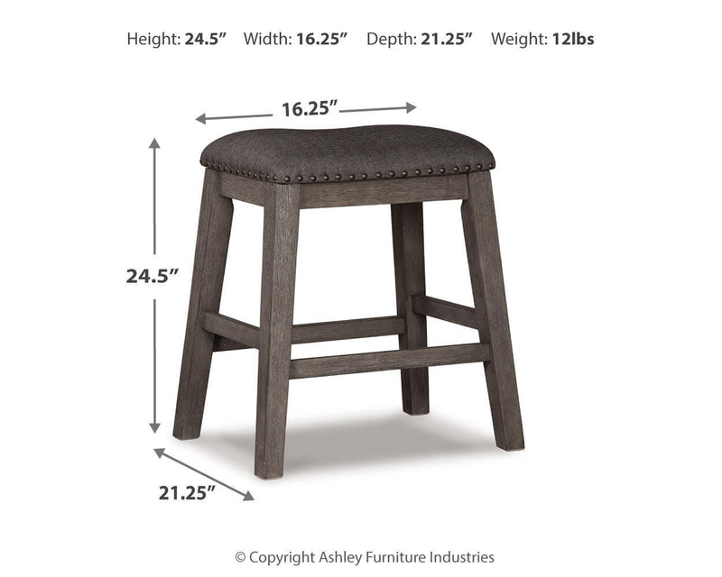 Set of four Ashley Furniture Caitbrook counter height barstools with wooden legs and upholstered seats, ideal for dining areas.
