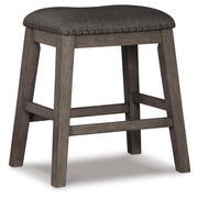 Ashley Furniture Caitbrook counter height upholstered bar stool with dark wood finish and cushioned seat, shown from side view.
