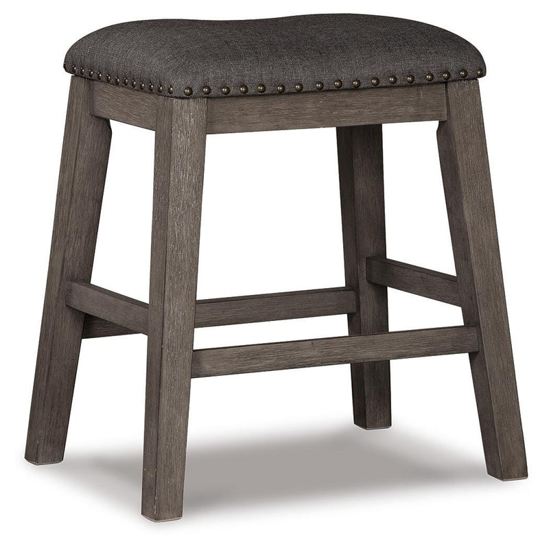 Ashley Furniture Caitbrook counter height upholstered bar stool with dark wood finish and cushioned seat, shown from side view.