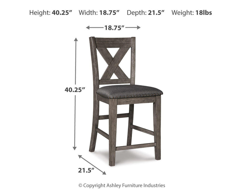 Ashley Furniture Caitbrook counter height upholstered bar stool with a padded seat and wooden legs, shown from a side angle.
