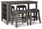 Set of four Ashley Furniture Caitbrook counter height barstools with wooden seats and metal frames, ideal for dining or bar area.