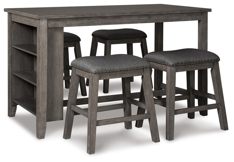 Set of four Ashley Furniture Caitbrook counter height barstools with wooden seats and metal frames, ideal for dining or bar area.