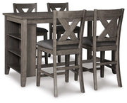 Set of four Ashley Furniture Caitbrook counter height dining barstools with wooden seats and black metal frames.