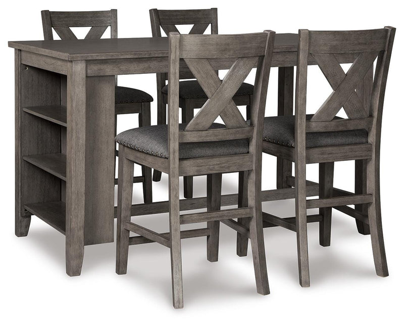Set of four Ashley Furniture Caitbrook counter height dining barstools with wooden seats and black metal frames.