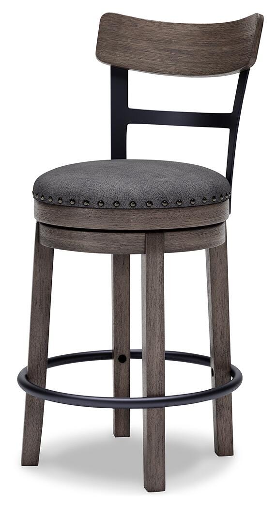 Ashley Furniture Caitbrook counter height bar stool with wooden legs and cushioned seat, shown from an angled side view.