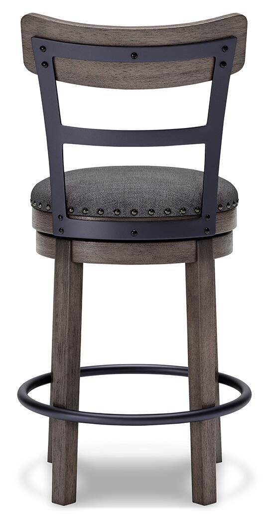 Ashley Furniture Caitbrook counter height bar stool with dark wood finish and cushioned seat, shown from the back.