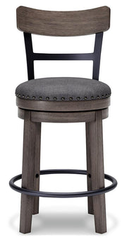 Ashley Furniture Caitbrook counter height bar stool with wooden legs and upholstered seat, shown from a head-on angle.