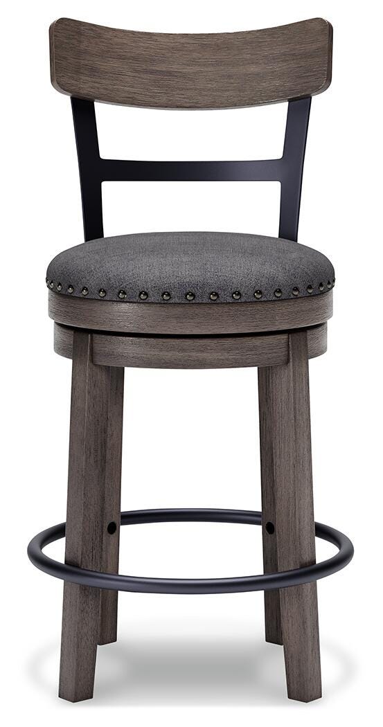 Ashley Furniture Caitbrook counter height bar stool with wooden legs and upholstered seat, shown from a head-on angle.