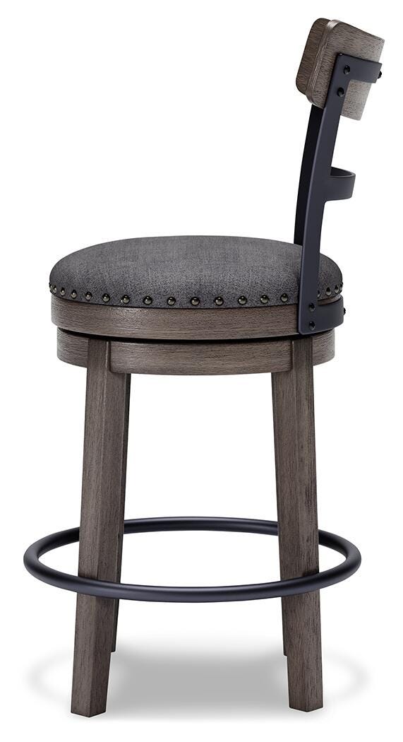 Ashley Furniture Caitbrook counter height bar stool with wooden legs and cushioned seat, shown from a side angle.