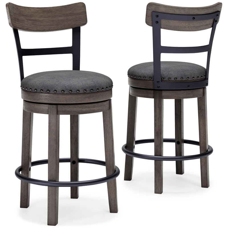 Ashley Furniture Caitbrook counter height bar stool with wooden legs and cushioned seat, shown from a side angle.