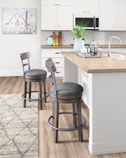 Ashley Furniture Caitbrook counter height bar stool with wooden seat and metal frame, ideal for kitchen or bar area.