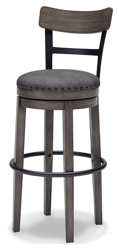 Ashley Furniture Caitbrook bar height barstool with wooden legs and upholstered seat, angled view showcasing stylish design.