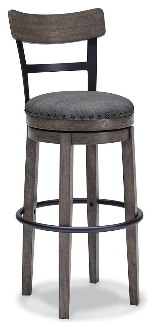Ashley Furniture Caitbrook bar height bar stool with wooden legs and a cushioned seat, shown from an angled side view.