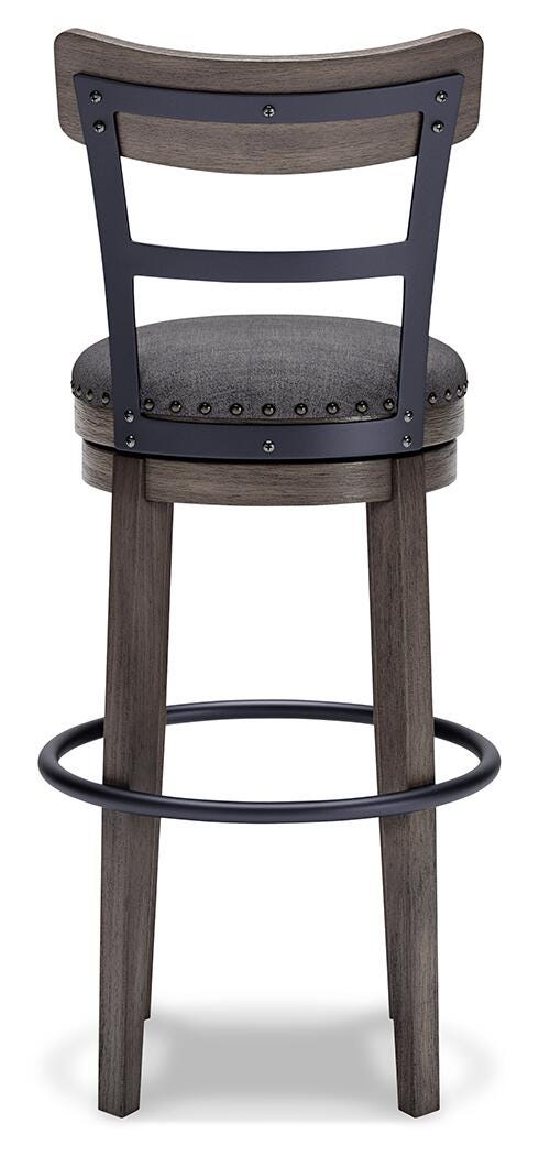 Ashley Furniture Caitbrook bar height barstool with wooden legs and backrest, showing a sleek, modern design from the rear view.