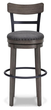 Ashley Furniture Caitbrook bar height bar stool with wooden legs and cushioned seat, shown from a head-on view.