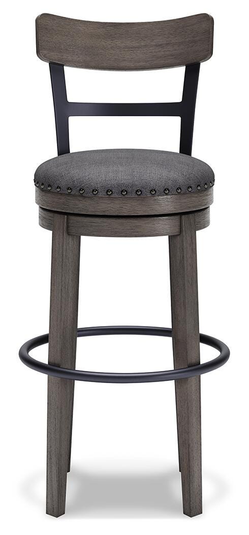 Ashley Furniture Caitbrook bar height bar stool with wooden legs and cushioned seat, shown from a head-on view.