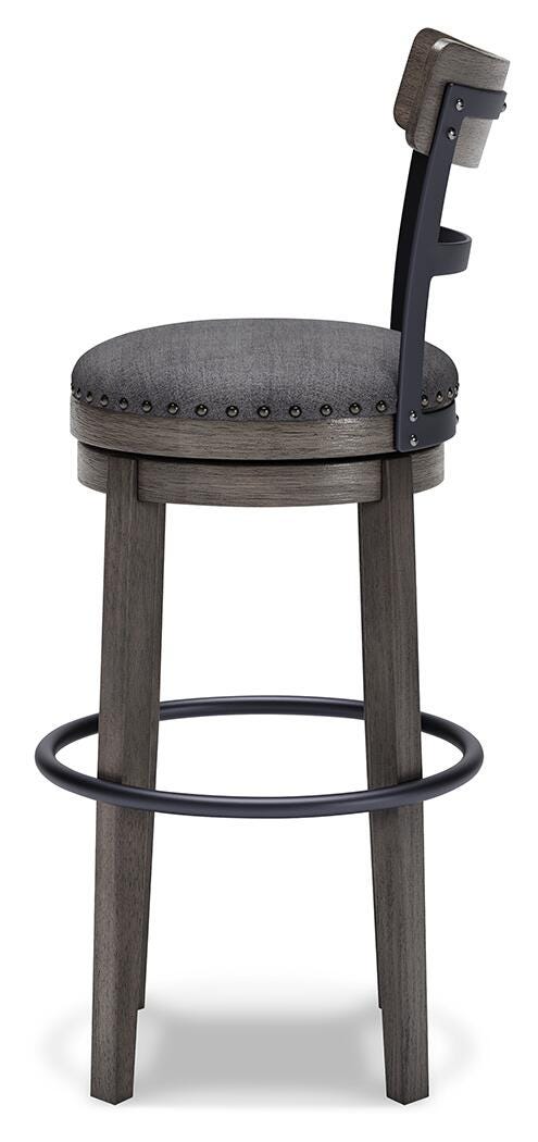 Ashley Furniture Caitbrook bar height bar stool with wooden legs and cushioned seat, shown from a side angle.