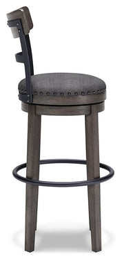 Ashley Furniture Caitbrook bar height bar stool shown from the side, featuring a wooden frame and cushioned seat for bar counter seating.