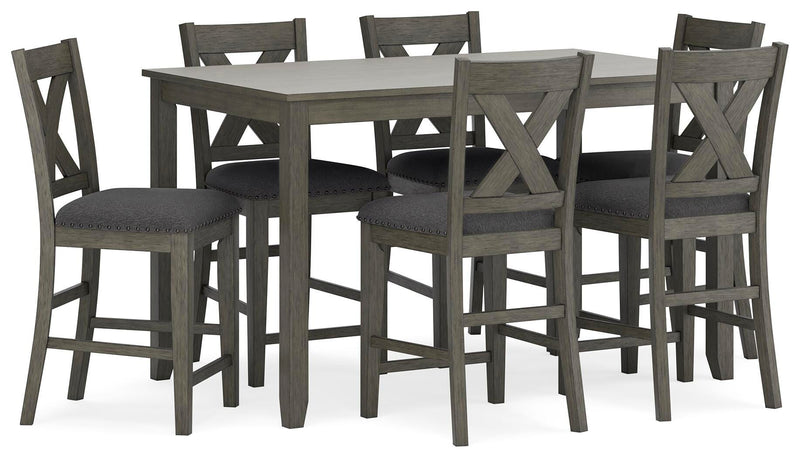 Ashley Furniture Caitbrook counter height dining table with six matching bar stools, shown from an angled side view.
