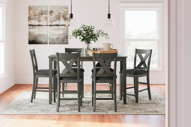 Ashley Furniture Caitbrook counter height dining table with six matching bar stools, featuring a modern wood finish and sturdy construction.