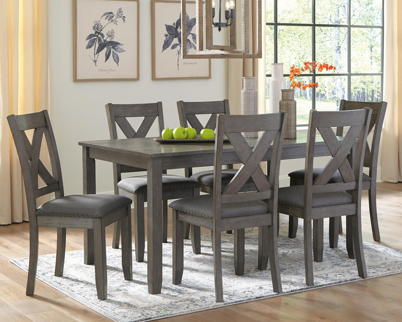 Ashley Furniture Caitbrook dining table with six matching chairs, rectangular wood dining set for family meals and gatherings.