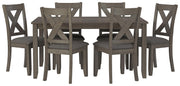 Ashley Furniture Caitbrook dining table with six matching chairs, showcasing a modern wooden design, head-on view.