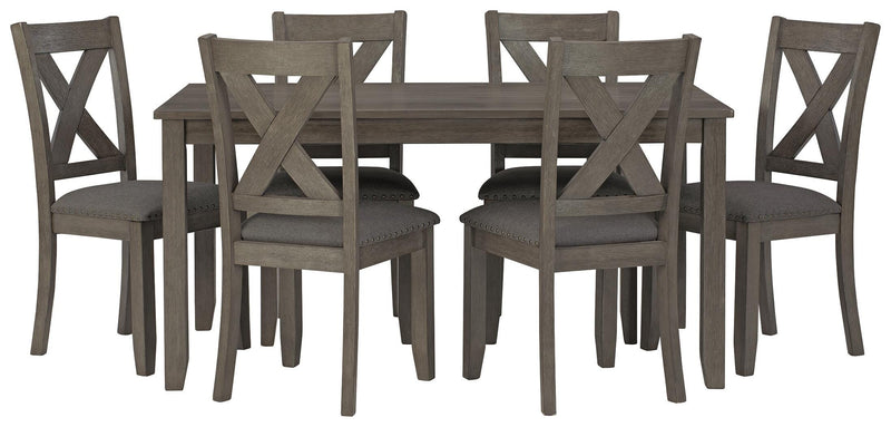 Ashley Furniture Caitbrook dining table with six matching chairs, showcasing a modern wooden design, head-on view.