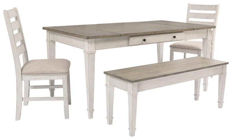 Ashley Furniture Skempton dining room set with a rectangular table and six upholstered chairs, featuring a warm wood finish.