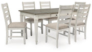 Ashley Furniture Skempton dining room set with a wooden table and upholstered chairs, displayed in a modern dining space.