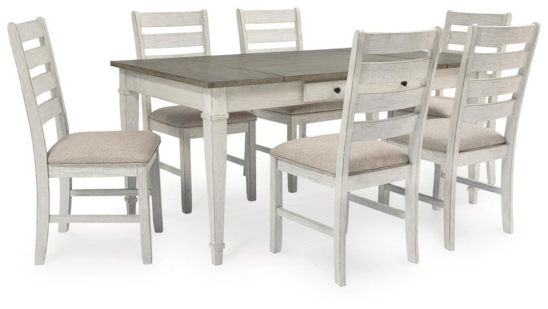 Ashley Furniture Skempton dining room set with a wooden table and upholstered chairs, displayed in a modern dining space.