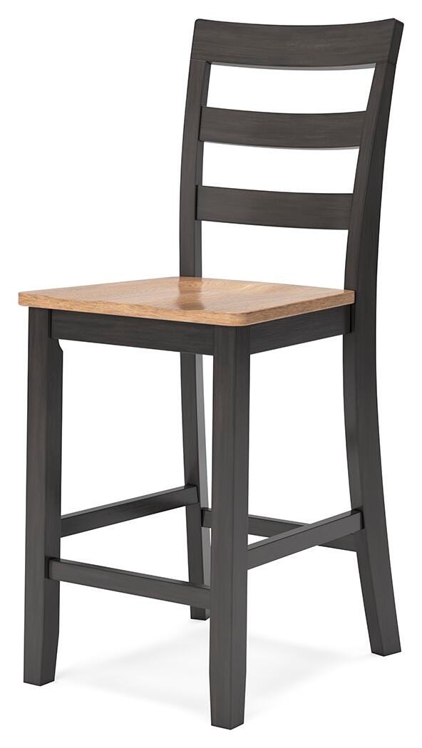 Ashley Furniture Gesthaven counter height barstool with wooden legs and cushioned seat, shown from an angled side view.