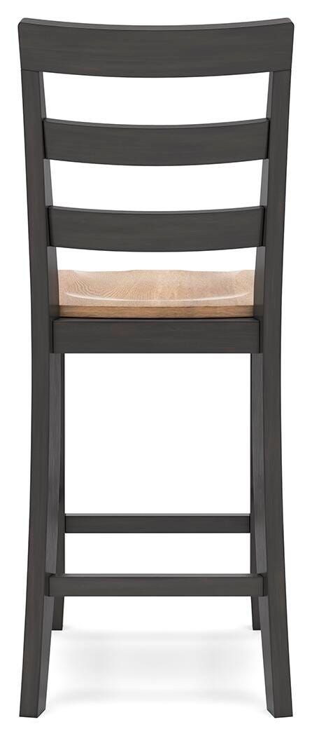 Ashley Furniture Gesthaven counter height barstool with a wooden seat and backrest, metal frame, and modern design.