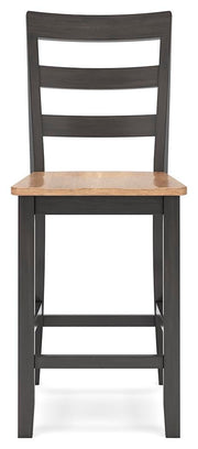 Ashley Furniture Gesthaven counter height barstool with a cushioned seat and wooden legs, shown from a front head-on view.
